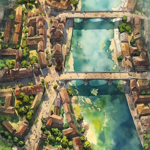 Puede incluir: Una ilustraci&oacute;n de acuarela de una ciudad con dos r&iacute;os y puentes. La ciudad est&aacute; llena de edificios, &aacute;rboles y personas. Los r&iacute;os son de color azul claro y verde. Los puentes son marrones y tienen arcos. La ilustraci&oacute;n est&aacute; en un estilo de dibujos animados.