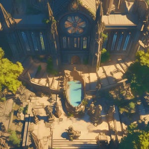 May include: An aerial view of a cathedral with a stained-glass window and a cross on top. The building has multiple spires and is surrounded by trees and a courtyard with statues and a pool of water.