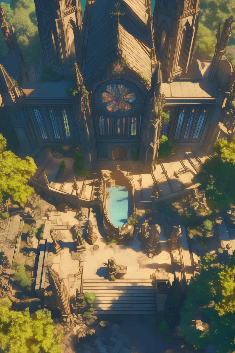 May include: An aerial view of a cathedral with a stained-glass window and a cross on top. The building has multiple spires and is surrounded by trees and a courtyard with statues and a pool of water.