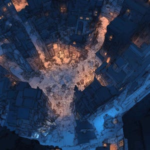 May include: An artistic, low-angle illustration of a city at night. Buildings are rendered in shades of blue and black, with warm orange light emanating from windows and the sky. The perspective gives a sense of depth.