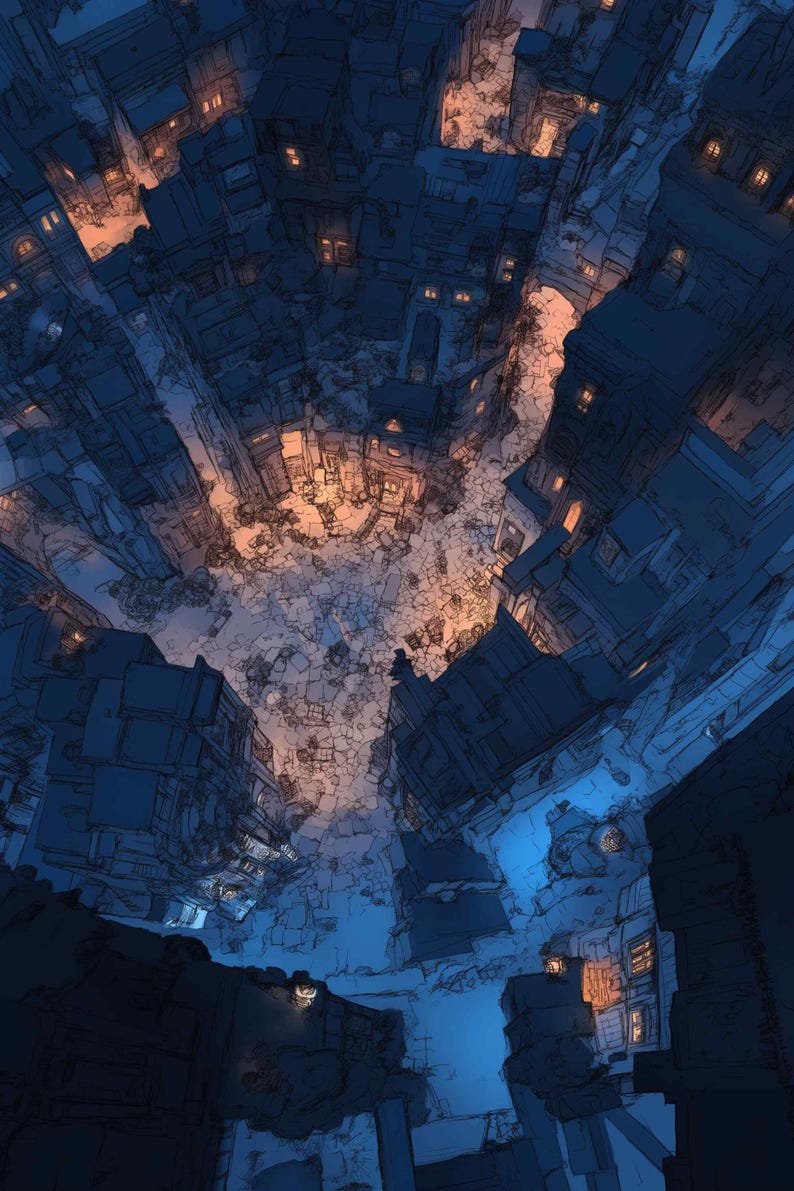 May include: An artistic, low-angle illustration of a city at night. Buildings are rendered in shades of blue and black, with warm orange light emanating from windows and the sky. The perspective gives a sense of depth.