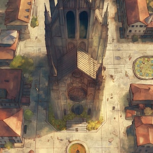 May include: An aerial view of a detailed illustration of a cathedral and surrounding buildings. The cathedral is a light gray color with a detailed facade and multiple spires. The surrounding buildings are brown and beige, with a few trees and a fountain.