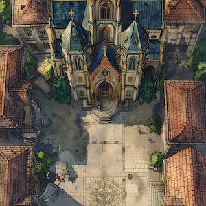 Puede incluir: Una vista a&eacute;rea de una plaza de la ciudad con una gran iglesia ornamentada en el centro. La iglesia tiene un techo azul y torres altas y puntiagudas. La plaza est&aacute; pavimentada con piedra y rodeada de edificios. La imagen est&aacute; en un estilo de dibujos animados.