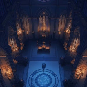 May include: An illustration of a cathedral interior with a high-angle perspective. The scene is dominated by shades of blue and features stained glass windows, ornate architectural details, and a central altar with a cross.
