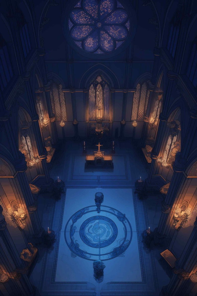 May include: An illustration of a cathedral interior with a high-angle perspective. The scene is dominated by shades of blue and features stained glass windows, ornate architectural details, and a central altar with a cross.