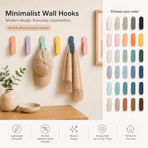 Peut inclure: Un ensemble de crochets muraux ovales de différentes couleurs, dont orange, violet, bleu sarcelle, jaune, bleu et rose. Les crochets sont fixés au mur, avec une casquette beige et une écharpe marron clair suspendues. Texte : Minimalist Wall Hooks.