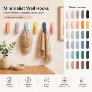 Könnte beinhalten: Ein Set rechteckiger Wandhaken in verschiedenen Farben wie Orange, Lila, Türkis, Gelb, Blau und Pink. Die Haken sind an einer Wand montiert, an denen eine beigefarbene Baseballkappe und ein beiger Schal mit Fransen hängen. Der Text umfasst Minimalist Wall Hooks, Modern design. Everyday organization, Screw mount option und Strong Hold Up to 5 kg / 11 lbs.
