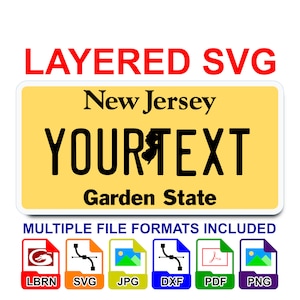 May include: A digital design featuring a New Jersey license plate design with the text "YOURTEXT" and "Garden State." The image includes the words "LAYERED SVG" and icons for multiple file formats, including SVG, JPG, and PDF.