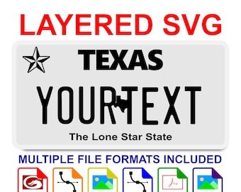 Archivo SVG de matrícula de Texas - Archivo de corte por capas para Cricut Glowforge Laser - PNG, DXF, PDF - Fuente incluida