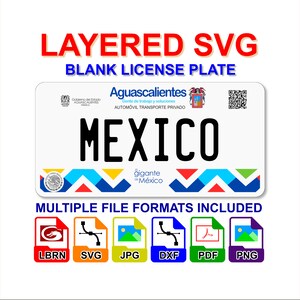 May include: Layered SVG file for a blank Mexican licence plate. The plate is white with black text that says "MEXICO". The plate has a blue, red, and yellow design at the bottom. The file formats included are LBRN, SVG, JPG, DXF, PDF, and PNG.