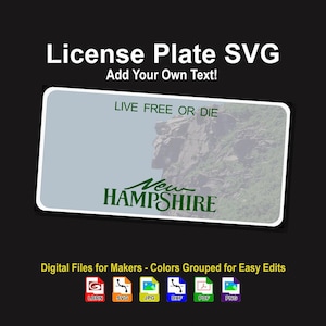 Könnte beinhalten: Eine digitale SVG-Datei für ein New Hampshire-Kennzeichen-Design. Das Kennzeichen zeigt den Text "LIVE FREE OR DIE" und "New Hampshire" in Grün. Das Bild enthält Dateityp-Symbole für eine einfache Bearbeitung.