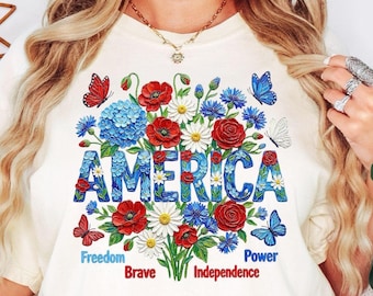 Comfort Colors® America Shirt, Patriotic Flower Tee, Independence Day Shirt, USA Floral Shirt, American Flag, Not Real Painting