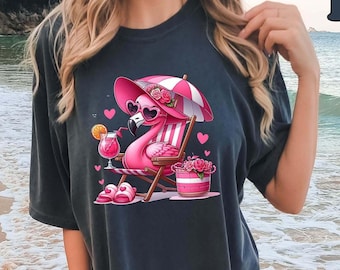 Comfort Colors® Flamingo Beach Shirt, Cute Coastal Graphic Tee, Summer Vacation Shirt, Pink Flamingo Shirt, Ocean Lover Tee