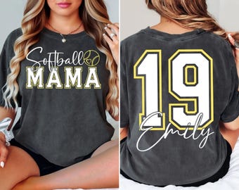 Comfort Colors® Softball Mama Shirt, Custom Name Shirt, Front and Back Sports Mom Tee, Game Day Mama Shirt, Softball Mom Support Shirt