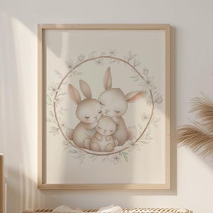 Nursery Wall Art, Cute Rabbit Family Hugging, Printable Artwork, Minimalist Design, Gender Neutral, Children's Room Decor, Digital Download