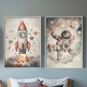 Arte de pared para guardería, impresiones del espacio exterior, juego de 2, cohete y astronauta, acuarela imprimible, decoración de habitación infantil, descarga digital