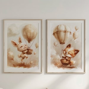 Nursery Wall Art, Cute Animals Set of 2, Baby Bunny and Fox With Balloons,Watercolor Printable Artwork, Gender Neutral, Digital Download.