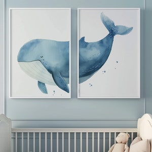 Nursery Wall Art, Whale Print Set of 2, Watercolor Printable Artwork, Gender Neutral Room Decor, Minimalistic Nautical, Digital Download.