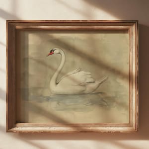 Nursery Wall Art, Vintage Swan Painting, Antique Style, Country Farmhouse Theme, Printable Artwork, Children's Room Decor, Digital Download