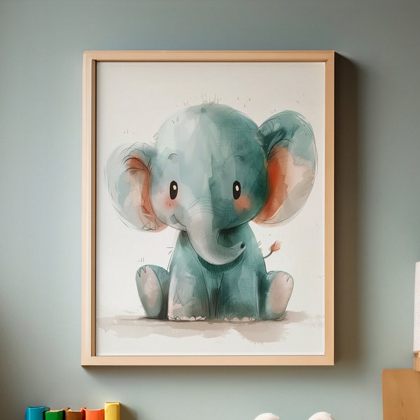 Nursery Wall Art, Watercolor Elephant Painting, Printable Artwork, Minimalist Design, Gender Neutral, Children's Room Decor,Digital Download