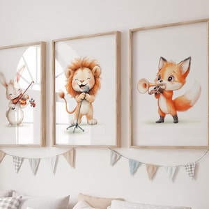 Nursery Wall Art, Cute Animals Prints Set of 3, Rabbit, Lion, Fox, Playing Instruments, Watercolor Printable, Room Decor, Digital Download
