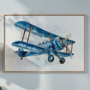 Arte de pared para guardería, dibujo de un lindo avión en acuarela, obra de arte imprimible, minimalista, de género neutro, decoración de habitación infantil, descarga digital