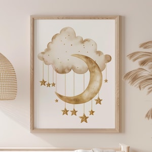 Kinderzimmer Wandkunst, Mond, Wolke, Sterne Poster, Aquarell druckbare Kunstwerk, Gender-neutrales Zimmer Dekor, minimalistische Zeichnung, digitaler Download.