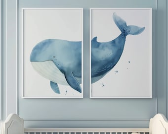 Nursery Wall Art, Whale Print Set of 2, Watercolor Printable Artwork, Gender Neutral Room Decor, Minimalistic Nautical, Digital Download.