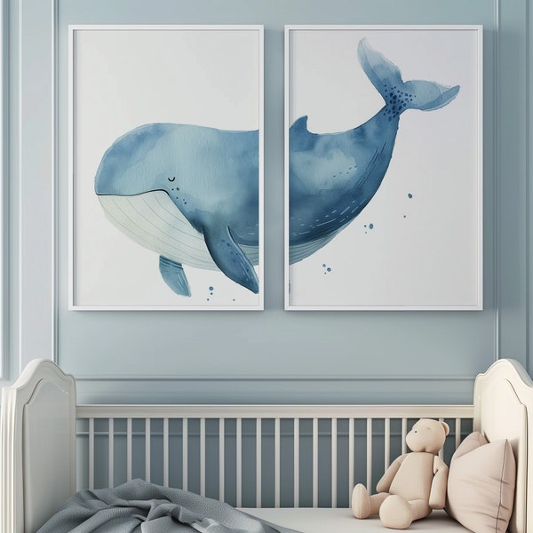 Nursery Wall Art, Whale Print Set of 2, Watercolor Printable Artwork, Gender Neutral Room Decor, Minimalistic Nautical, Digital Download.