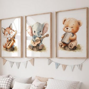 Art mural pour chambre d'enfant, animaux mignons estampes, lot de 3, renard, éléphant, ours, instruments de musique, aquarelle imprimable, décoration de chambre, téléchargement numérique