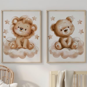 Nursery Wall Art, Cute Animals Set of 2, Baby Lion and Bear Sitting On Clouds, Watercolor Printable Artwork, Adorable Art, Digital Download.