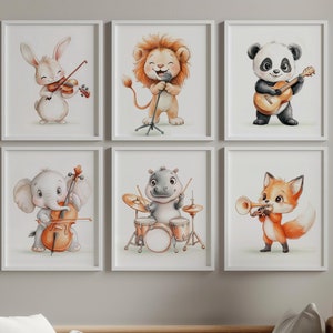Arte de pared para guardería, juego de 6 adorables instrumentos musicales con animales, decoración de habitación de bebé, acuarela imprimible, descarga digital