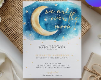 Baby Shower Invitation, Watercolor Cute Night Sky, We Are Over The Moon Invite, Printable Template, Canva Editable, Digital Download