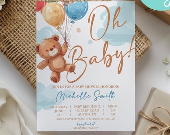 Baby Shower Invitation, Cute Teddy Bear With Balloons, Gender Neutral Invite, Oh Baby Printable Template, Corjl Editable, Digital Download