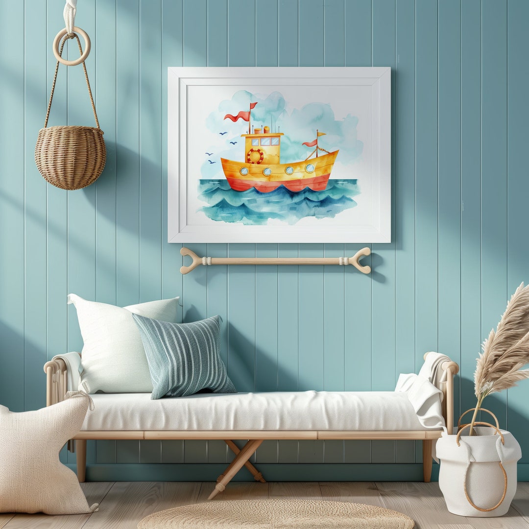 Nursery Wall Art, Watercolor Ferry on the Sea, Printable Artwork ...