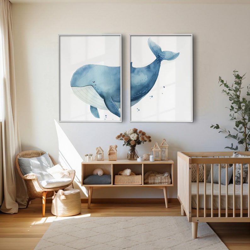 Nursery Wall Art, Whale Print Set of 2, Watercolor Printable Artwork, Gender Neutral Room Decor, Minimalistic Nautical, Digital Download. zdjęcie 4