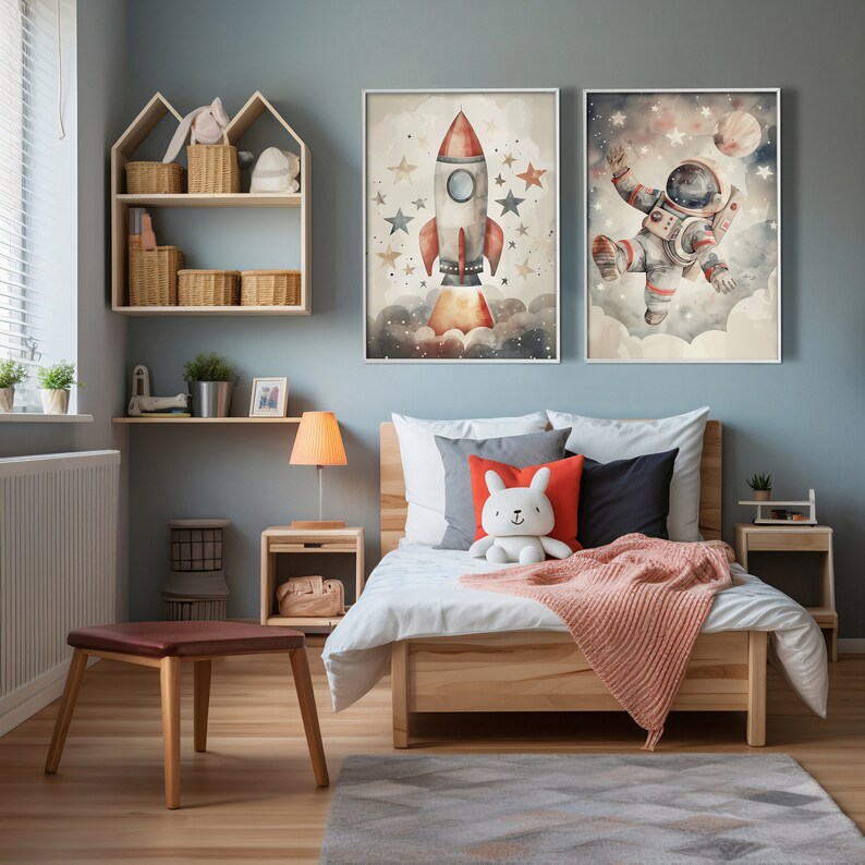 Nursery Wall Art, Outer Space Prints Set of 2, Rocket Ship and ...