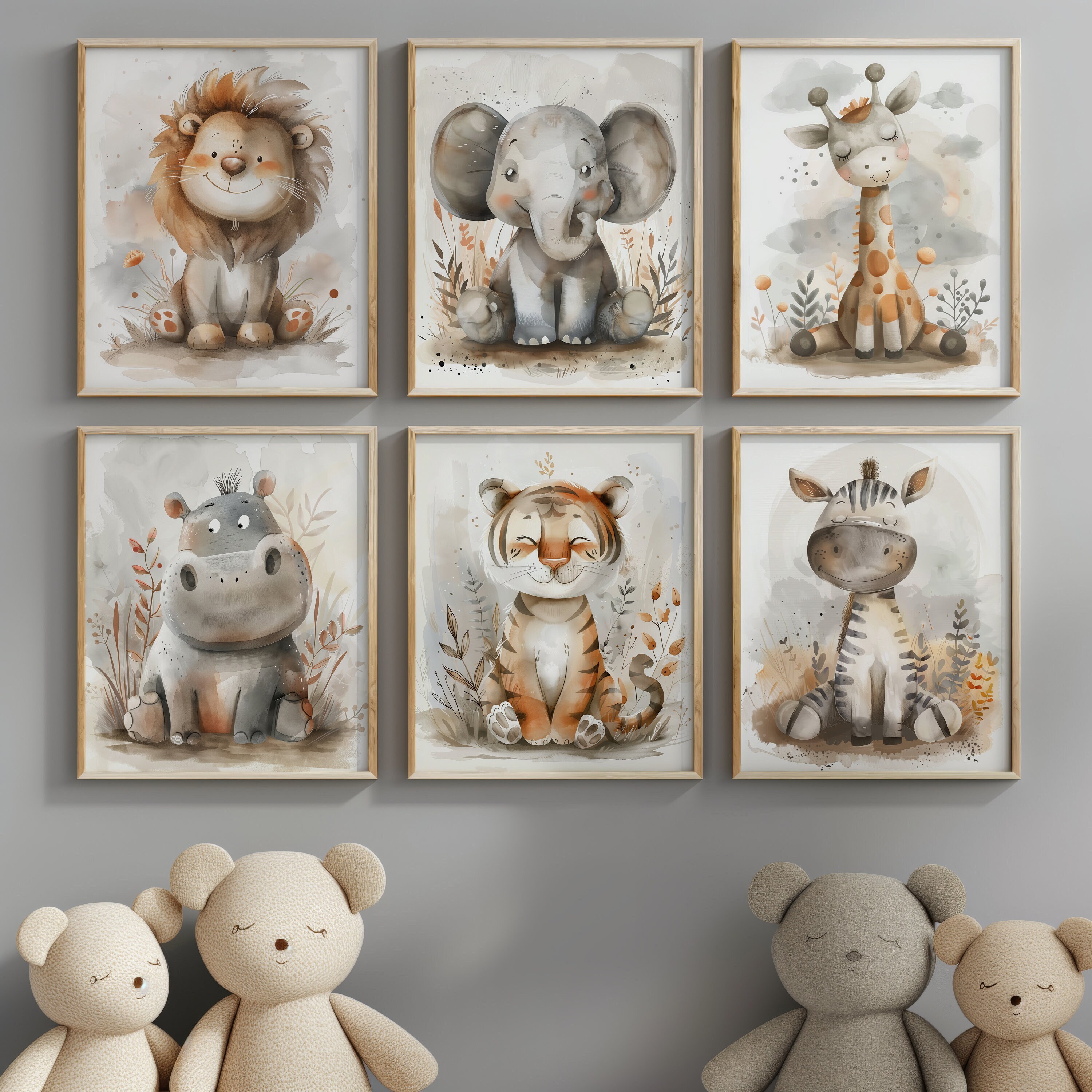 Nursery Wall Art, Cute Safari Animals Prints Set of 6, Lion, Giraffe ...