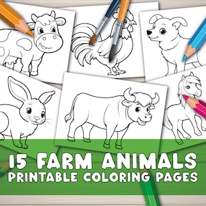 Páginas para colorear para niños, libro para colorear digital de 15 páginas de animales de granja, páginas para colorear sencillas e imprimibles para niños, preescolar, jardín de infantes