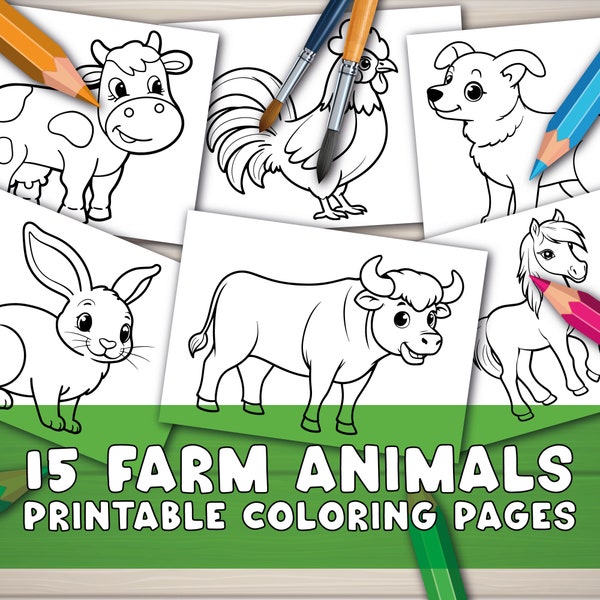 Coloring Pages For Kids, 15 Pages Farm Animals Digital Coloring Book, Simple Printable Coloring Pages For Children,Preschool, Kindergarten