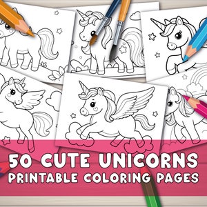 Coloriages pour enfants, 50 pages à imprimer, jolie licorne numérique à colorier, licornes kawaii pour les tout-petits, maternelle, maternelle.
