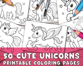 Coloring Pages For Kids, Printable 50 Pages Cute Unicorn Digital Coloring Book, Kawaii Unicorns For Toddlers, Preschool, Kindergarten.