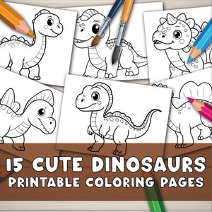 Páginas para colorear para niños, 15 páginas de dinosaurios lindos para colorear en formato digital, páginas para colorear sencillas e imprimibles para niños en edad preescolar y jardín de infantes