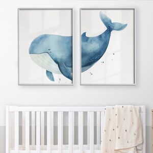 Nursery Wall Art, Whale Print Set of 2, Watercolor Printable Artwork, Gender Neutral Room Decor, Minimalistic Nautical, Digital Download. image 3