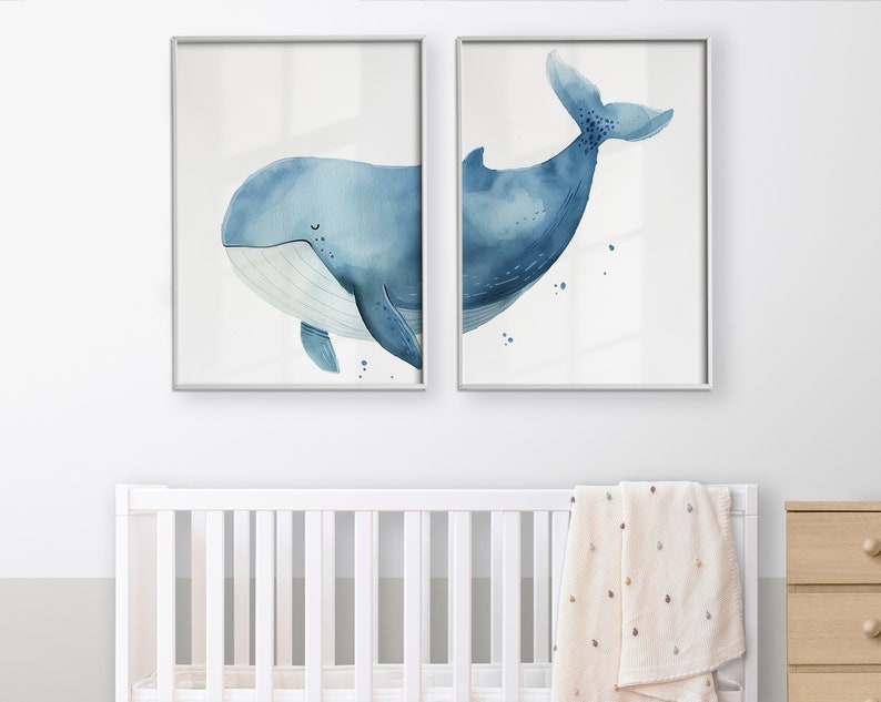 Nursery Wall Art, Whale Print Set of 2, Watercolor Printable Artwork, Gender Neutral Room Decor, Minimalistic Nautical, Digital Download. image 3