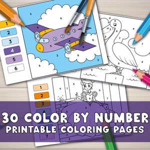 Páginas para colorear por números para niños, libro para colorear digital de 30 páginas, páginas para colorear sencillas e imprimibles para niños, preescolares y jardín de infantes