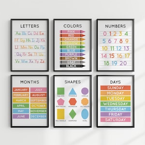 Educatieve kunst aan de muur, set van 6, klasposter, afdrukbare homeschool, speelkamerposters, alfabet, kleuren, cijfers, vormen, digitale download
