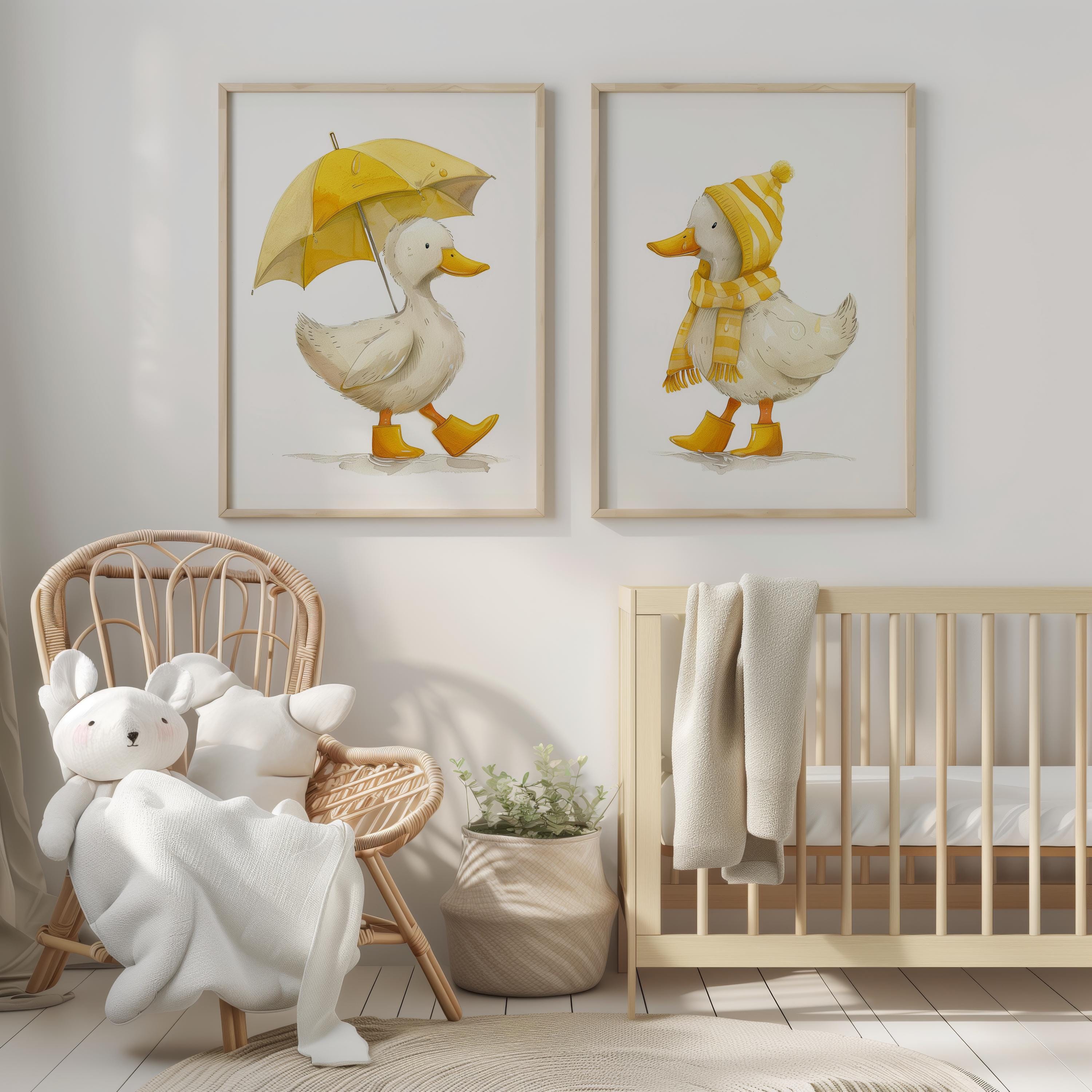 Nursery Wall Art, Cute Ducks Set of 2, Adorable Ducks Standing in Rain ...