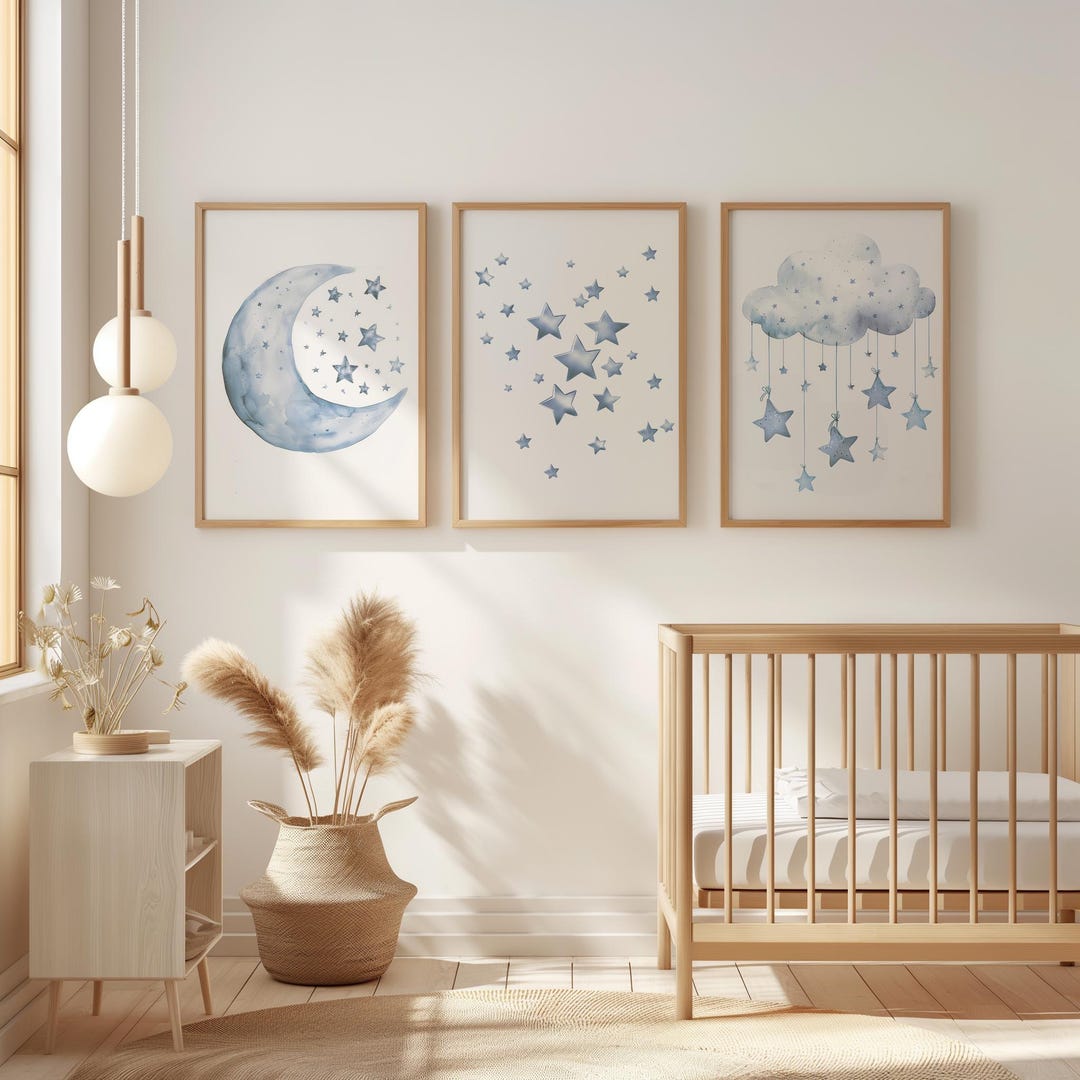 Nursery Wall Art, Moon and Cloud Set of 3, Light Blue Watercolor ...