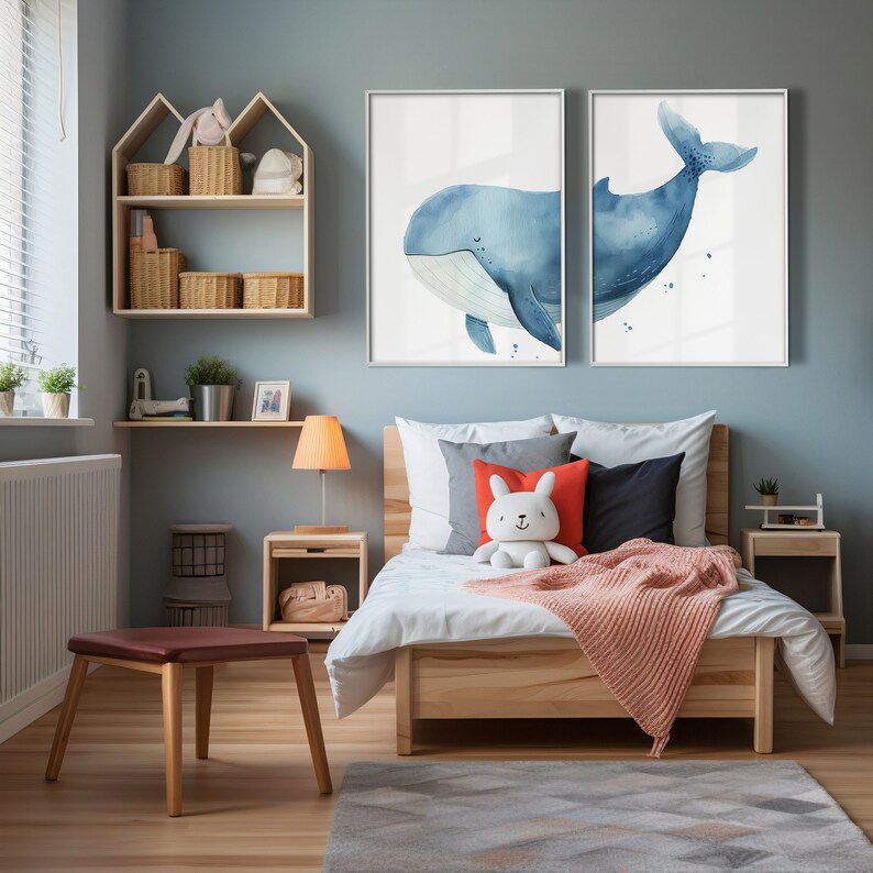 Nursery Wall Art, Whale Print Set of 2, Watercolor Printable Artwork, Gender Neutral Room Decor, Minimalistic Nautical, Digital Download. zdjęcie 5